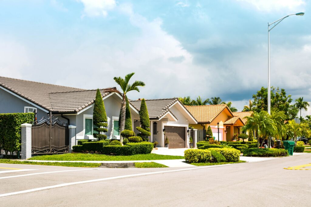 Set of Florida modern luxury houses in a residential neighborhood area.